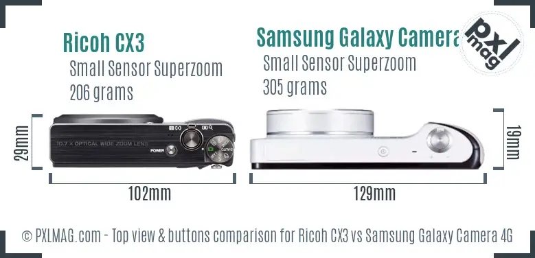 Ricoh CX3 vs Samsung Galaxy Camera 4G top view buttons comparison