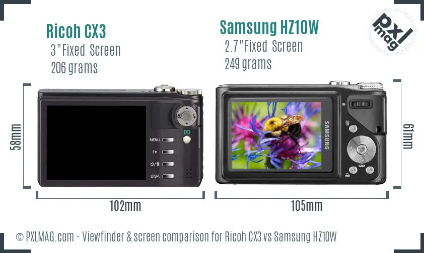 Ricoh CX3 vs Samsung HZ10W Screen and Viewfinder comparison