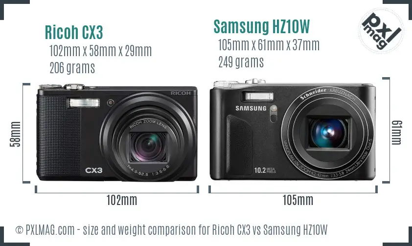 Ricoh CX3 vs Samsung HZ10W size comparison