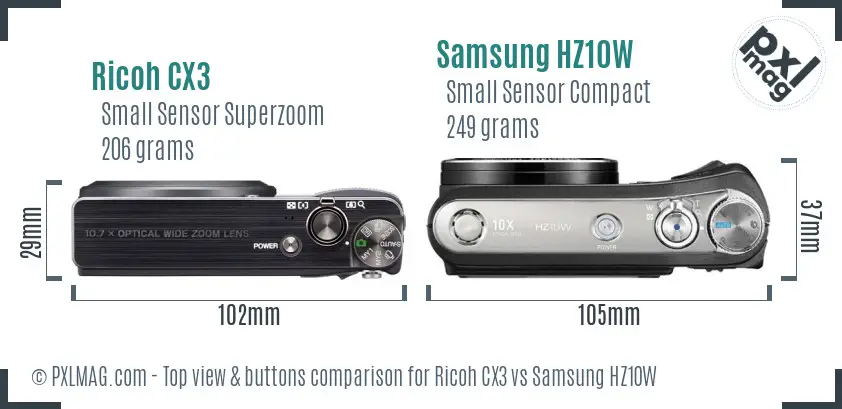 Ricoh CX3 vs Samsung HZ10W top view buttons comparison