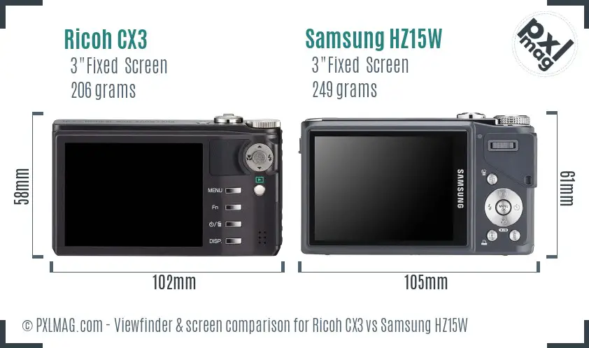 Ricoh CX3 vs Samsung HZ15W Screen and Viewfinder comparison