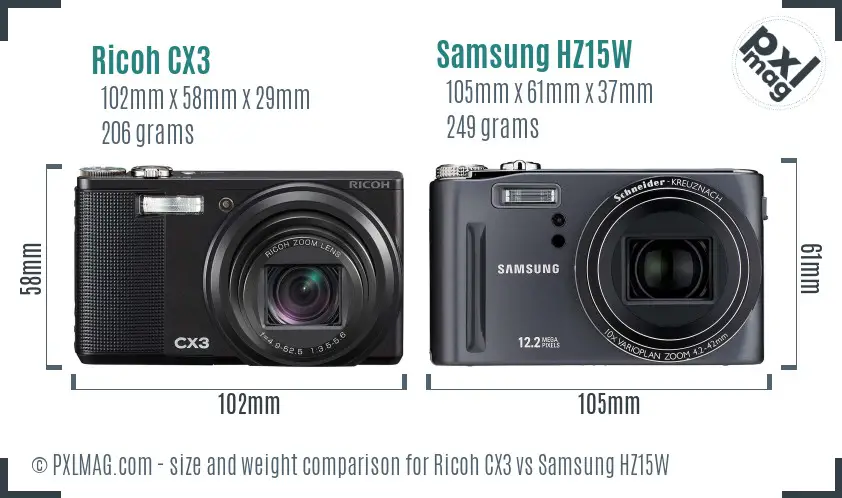 Ricoh CX3 vs Samsung HZ15W size comparison
