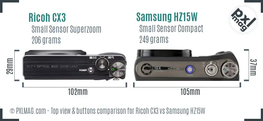 Ricoh CX3 vs Samsung HZ15W top view buttons comparison