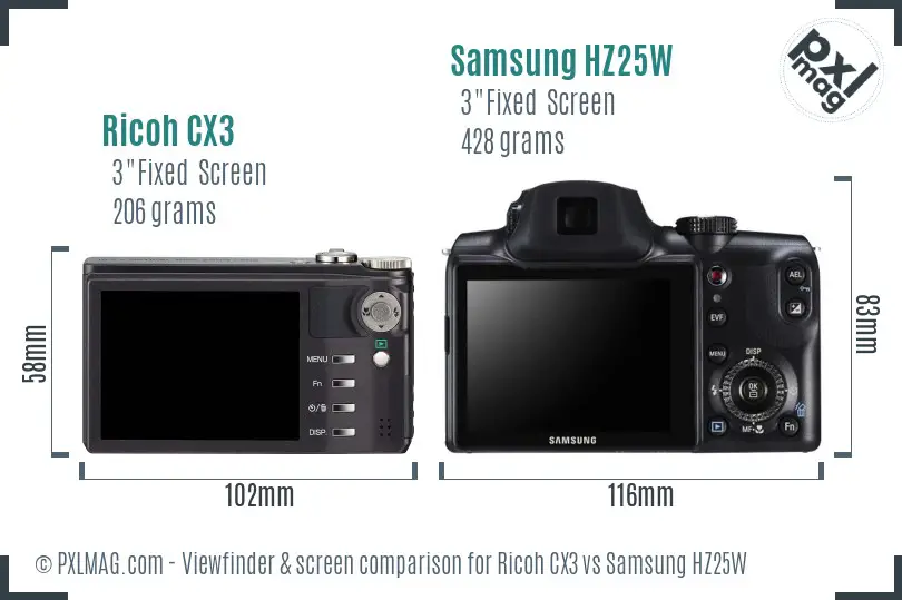 Ricoh CX3 vs Samsung HZ25W Screen and Viewfinder comparison
