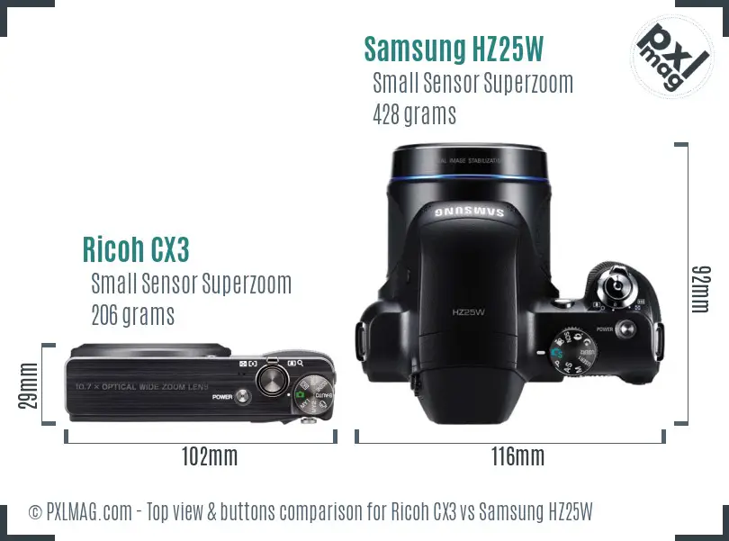 Ricoh CX3 vs Samsung HZ25W top view buttons comparison