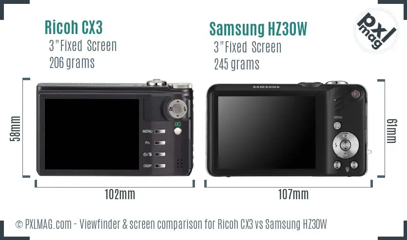 Ricoh CX3 vs Samsung HZ30W Screen and Viewfinder comparison