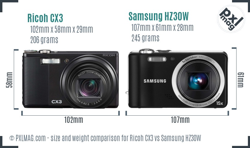 Ricoh CX3 vs Samsung HZ30W size comparison