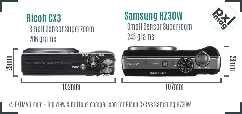 Ricoh CX3 vs Samsung HZ30W top view buttons comparison