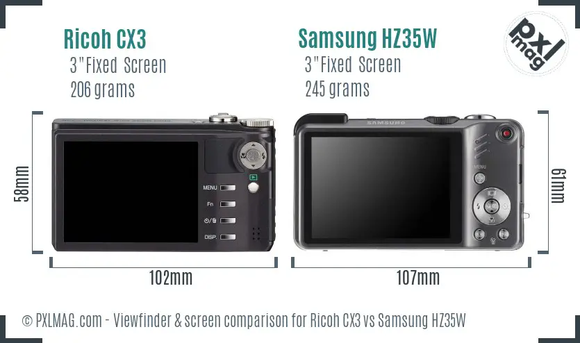 Ricoh CX3 vs Samsung HZ35W Screen and Viewfinder comparison