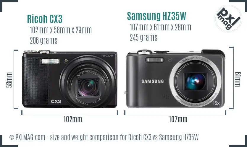 Ricoh CX3 vs Samsung HZ35W size comparison