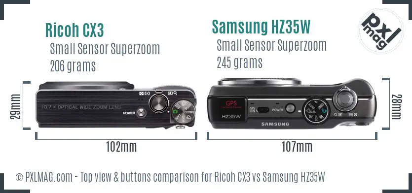 Ricoh CX3 vs Samsung HZ35W top view buttons comparison