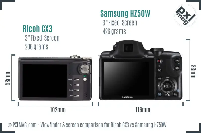 Ricoh CX3 vs Samsung HZ50W Screen and Viewfinder comparison