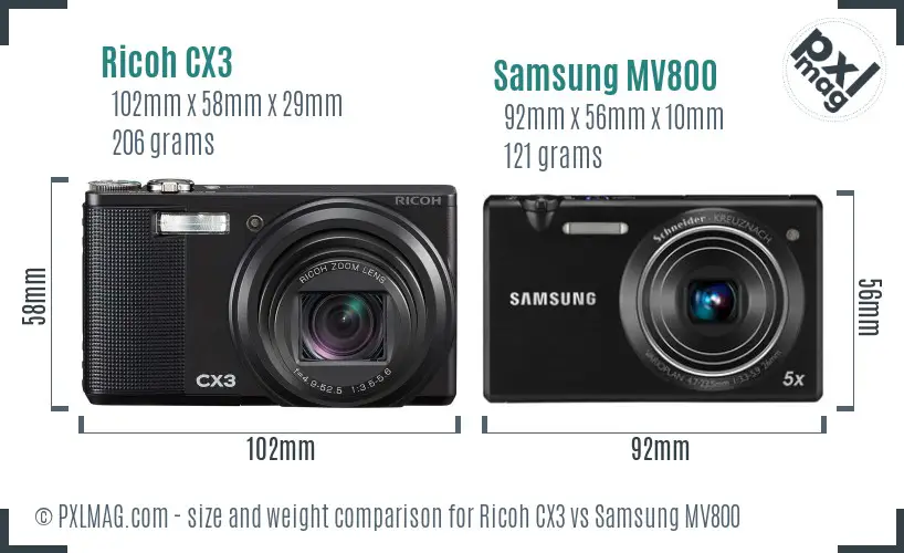 Ricoh CX3 vs Samsung MV800 size comparison