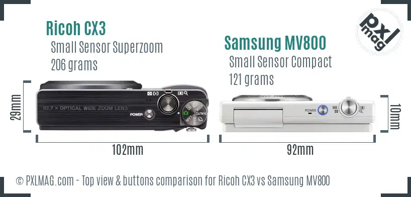 Ricoh CX3 vs Samsung MV800 top view buttons comparison