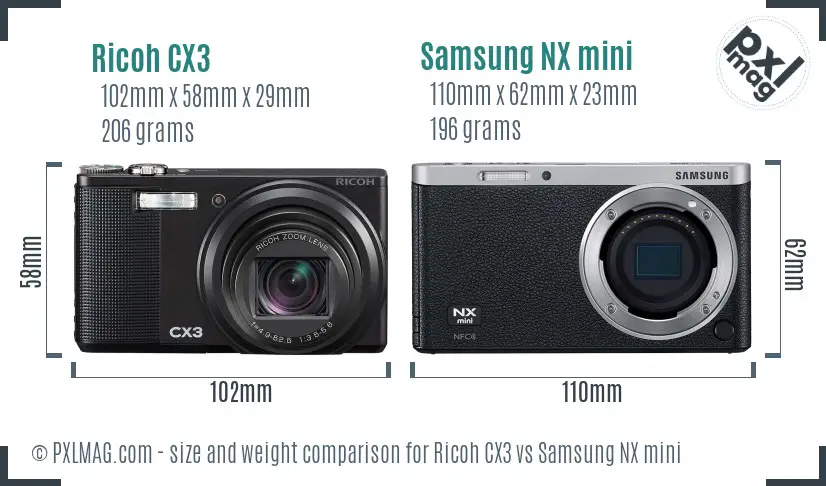 Ricoh CX3 vs Samsung NX mini size comparison