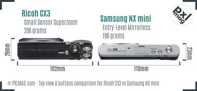 Ricoh CX3 vs Samsung NX mini top view buttons comparison