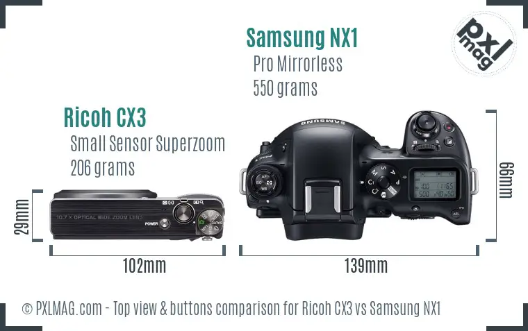 Ricoh CX3 vs Samsung NX1 top view buttons comparison