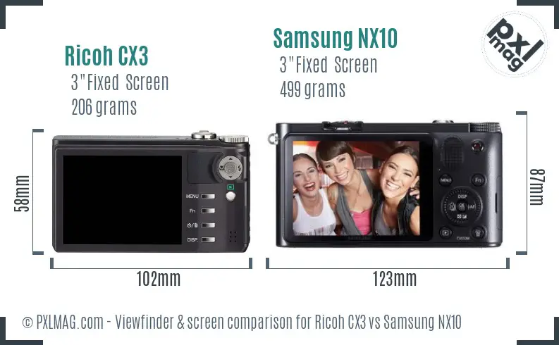 Ricoh CX3 vs Samsung NX10 Screen and Viewfinder comparison