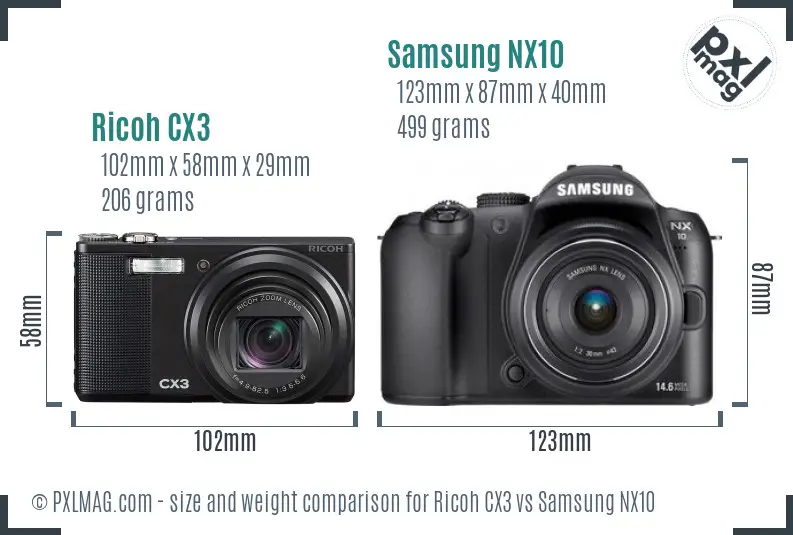 Ricoh CX3 vs Samsung NX10 size comparison