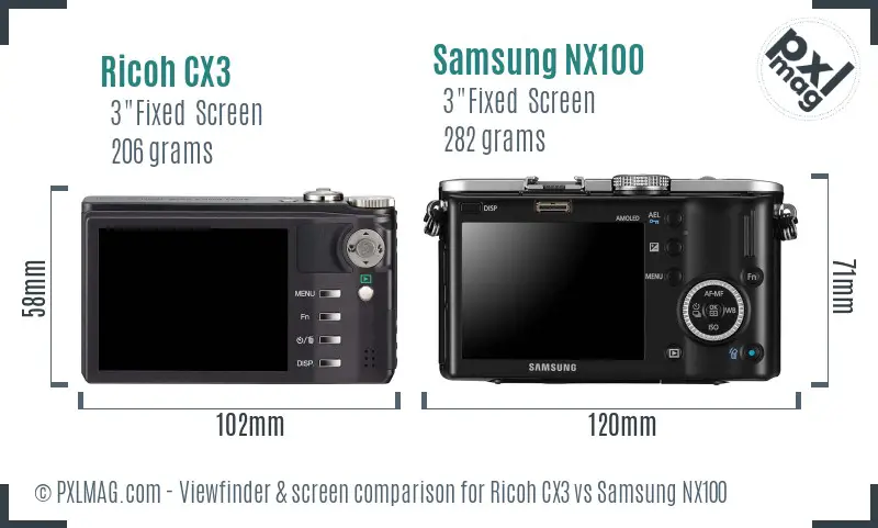Ricoh CX3 vs Samsung NX100 Screen and Viewfinder comparison