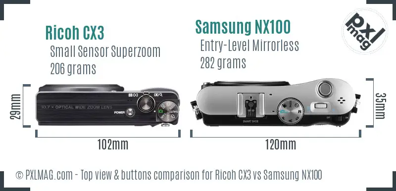 Ricoh CX3 vs Samsung NX100 top view buttons comparison