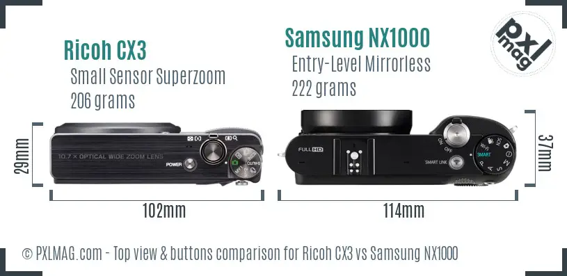 Ricoh CX3 vs Samsung NX1000 top view buttons comparison
