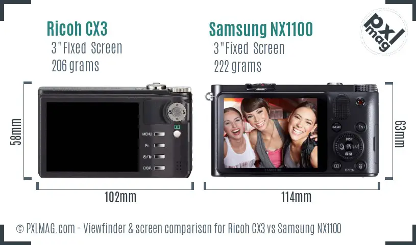 Ricoh CX3 vs Samsung NX1100 Screen and Viewfinder comparison