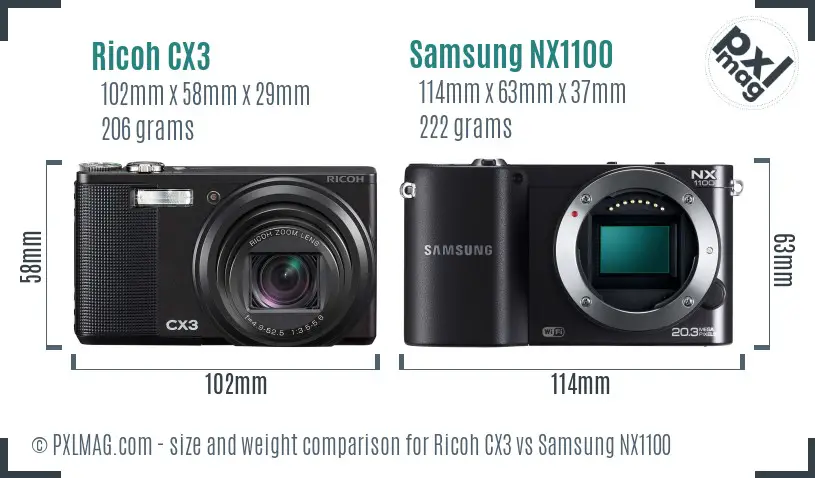 Ricoh CX3 vs Samsung NX1100 size comparison