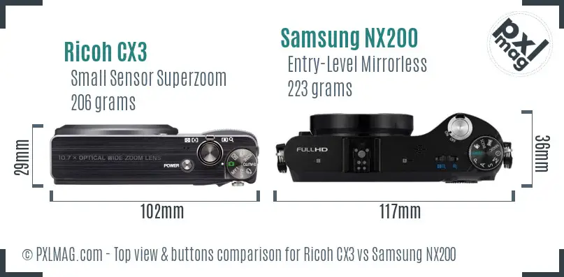Ricoh CX3 vs Samsung NX200 top view buttons comparison