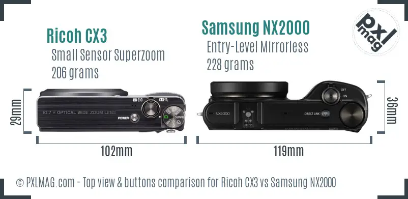 Ricoh CX3 vs Samsung NX2000 top view buttons comparison