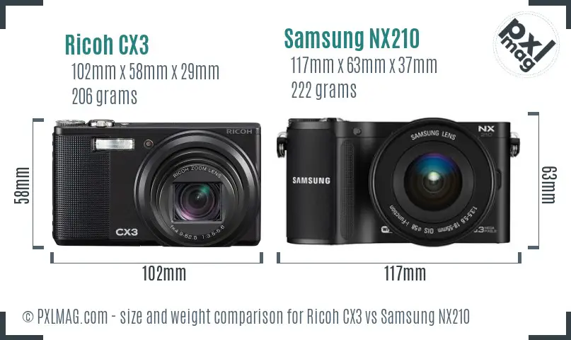 Ricoh CX3 vs Samsung NX210 size comparison