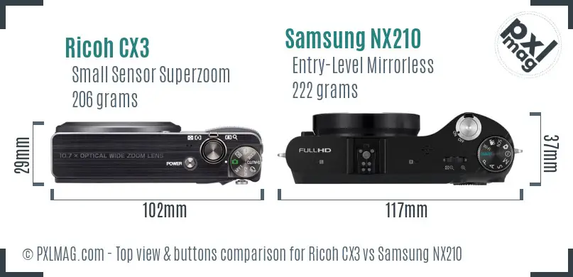 Ricoh CX3 vs Samsung NX210 top view buttons comparison