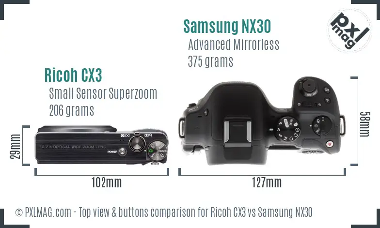 Ricoh CX3 vs Samsung NX30 top view buttons comparison