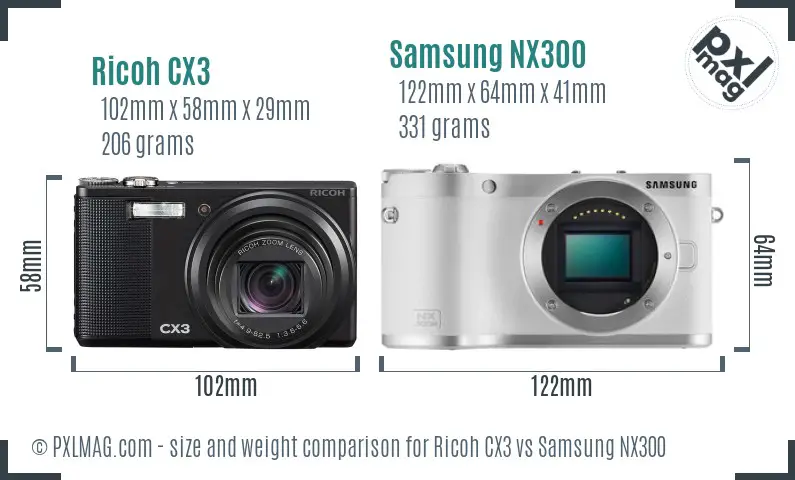 Ricoh CX3 vs Samsung NX300 size comparison