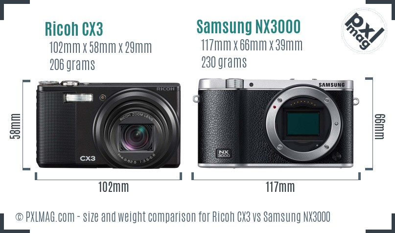 Ricoh CX3 vs Samsung NX3000 size comparison