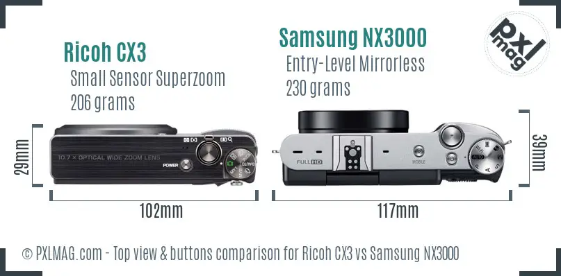Ricoh CX3 vs Samsung NX3000 top view buttons comparison