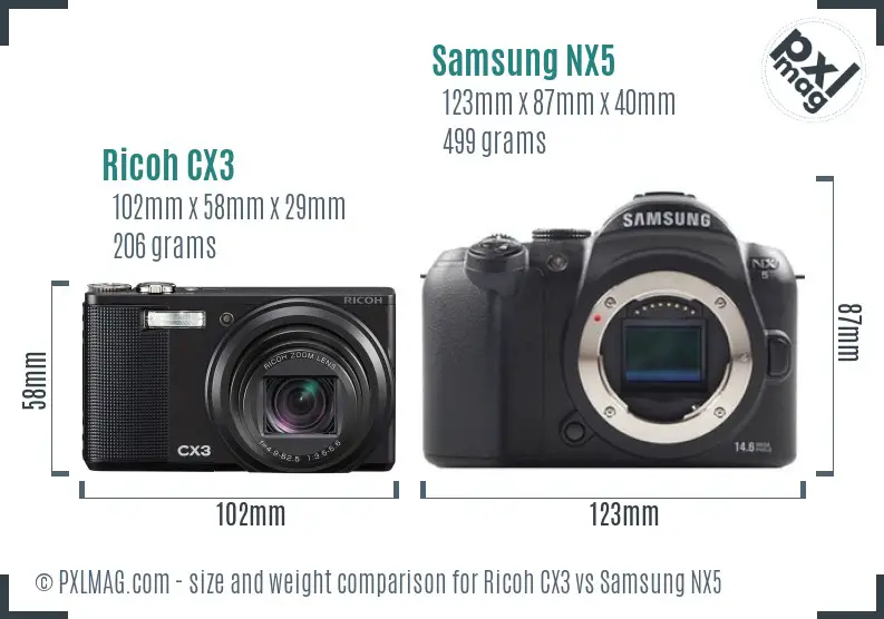 Ricoh CX3 vs Samsung NX5 size comparison