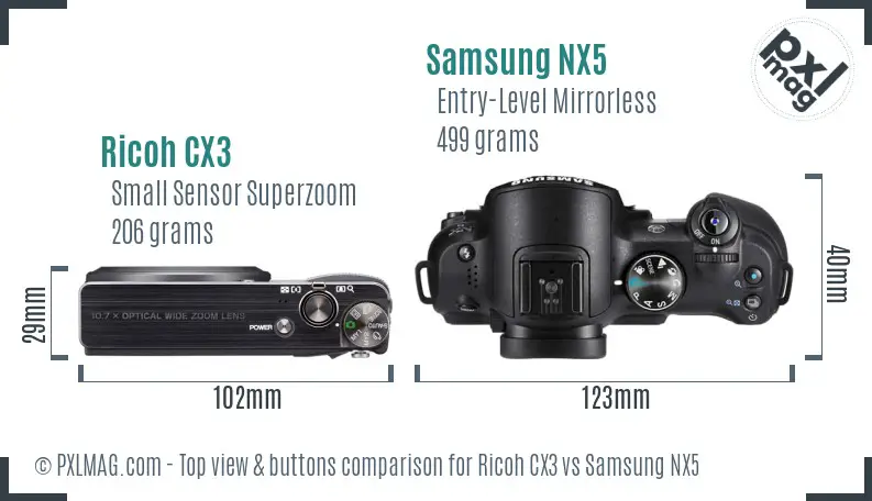 Ricoh CX3 vs Samsung NX5 top view buttons comparison