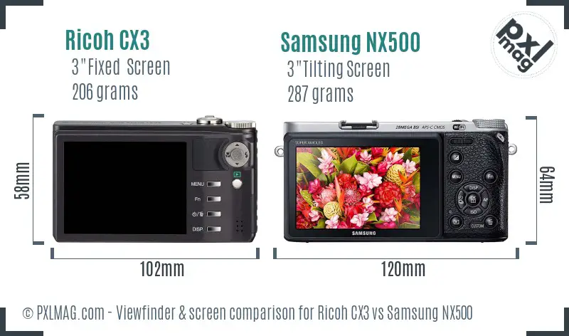 Ricoh CX3 vs Samsung NX500 Screen and Viewfinder comparison
