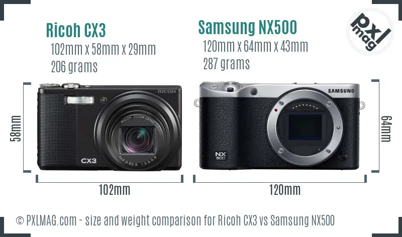 Ricoh CX3 vs Samsung NX500 size comparison
