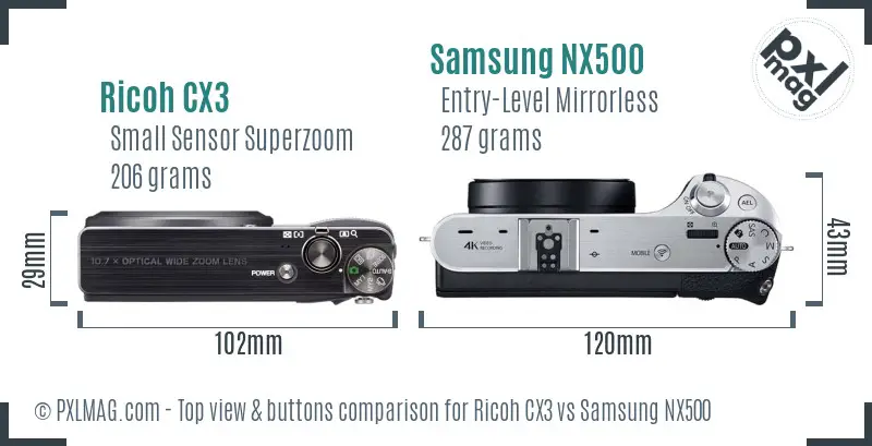 Ricoh CX3 vs Samsung NX500 top view buttons comparison