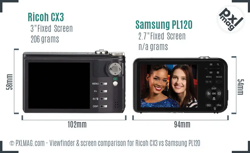 Ricoh CX3 vs Samsung PL120 Screen and Viewfinder comparison