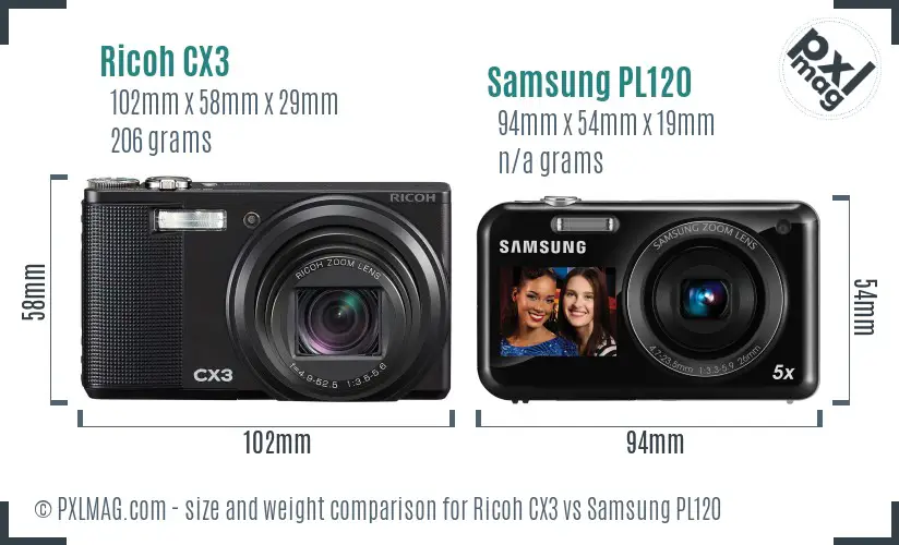 Ricoh CX3 vs Samsung PL120 size comparison