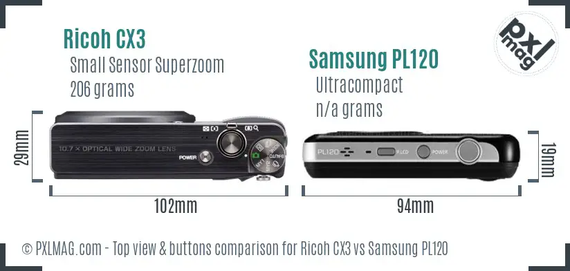 Ricoh CX3 vs Samsung PL120 top view buttons comparison