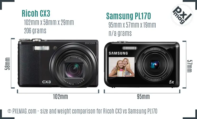 Ricoh CX3 vs Samsung PL170 size comparison