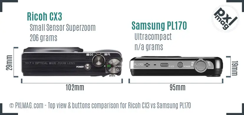 Ricoh CX3 vs Samsung PL170 top view buttons comparison