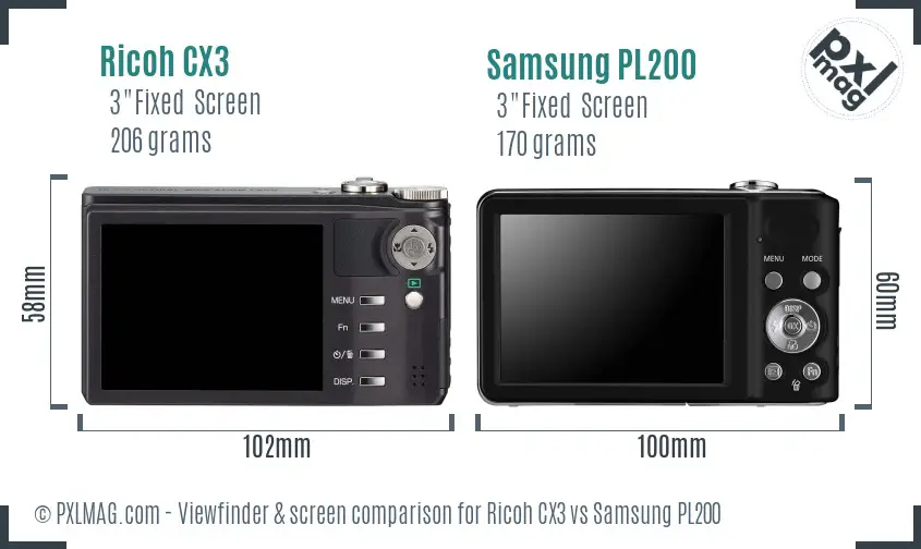 Ricoh CX3 vs Samsung PL200 Screen and Viewfinder comparison