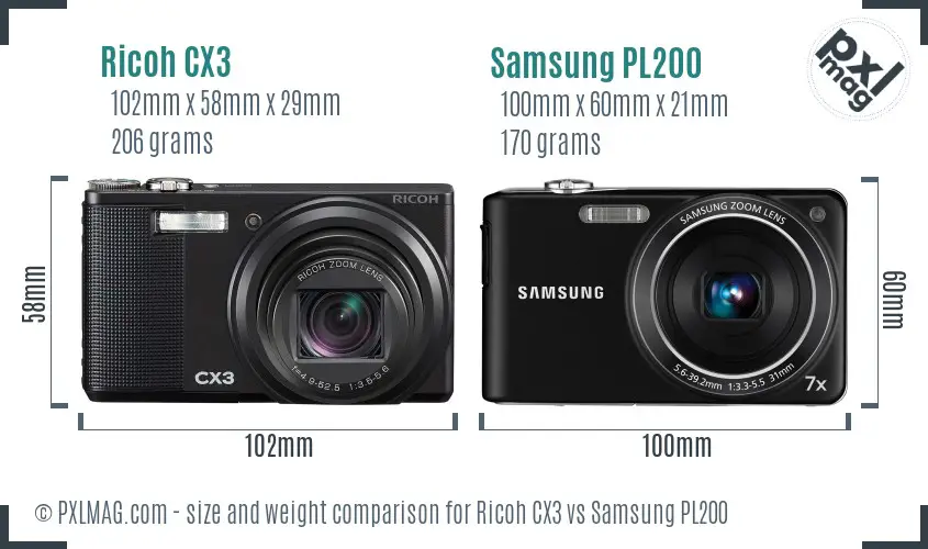 Ricoh CX3 vs Samsung PL200 size comparison