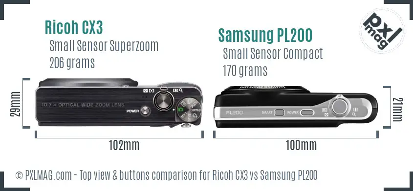 Ricoh CX3 vs Samsung PL200 top view buttons comparison