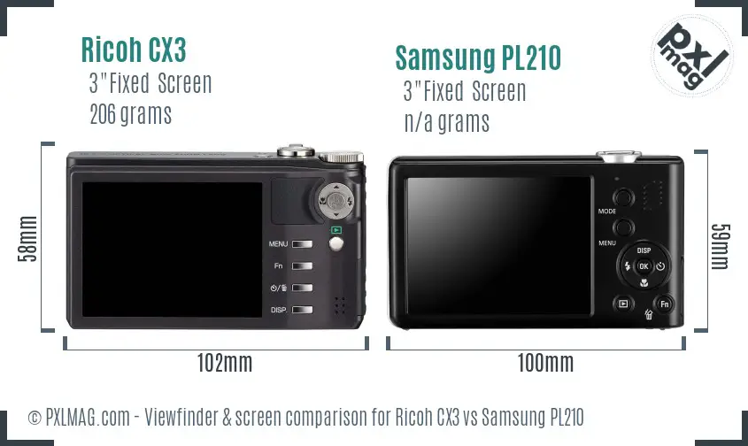 Ricoh CX3 vs Samsung PL210 Screen and Viewfinder comparison